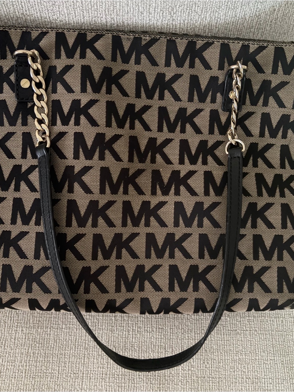 Michael Kors Black Logo Tan Tote with Gold Chain Straps